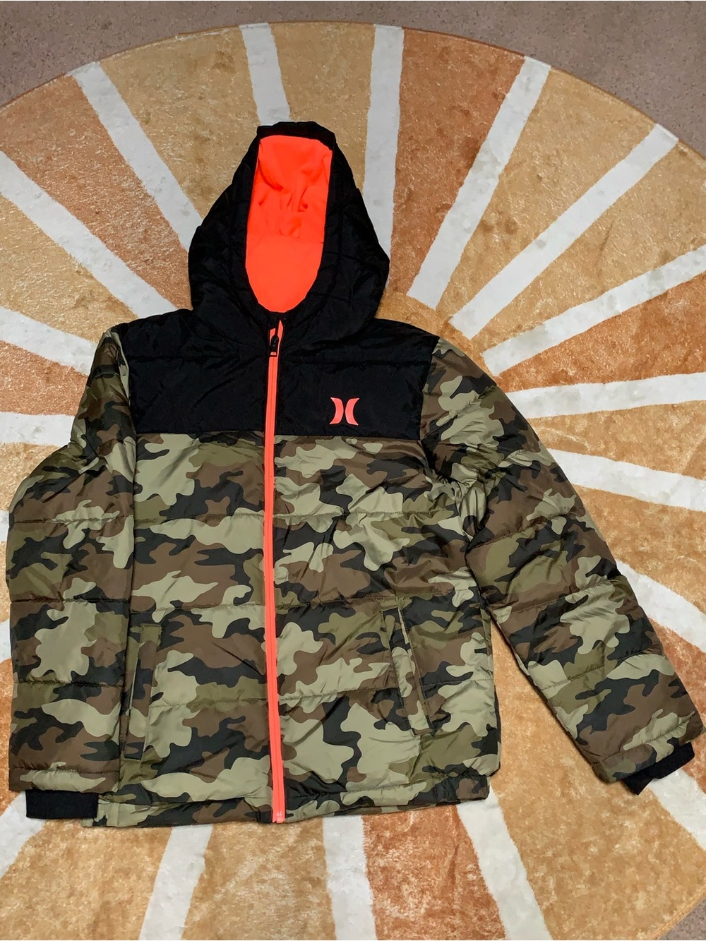 Hurley Kids' Camo Puffer Jacket with Black Yoke and Neon Orange Trim